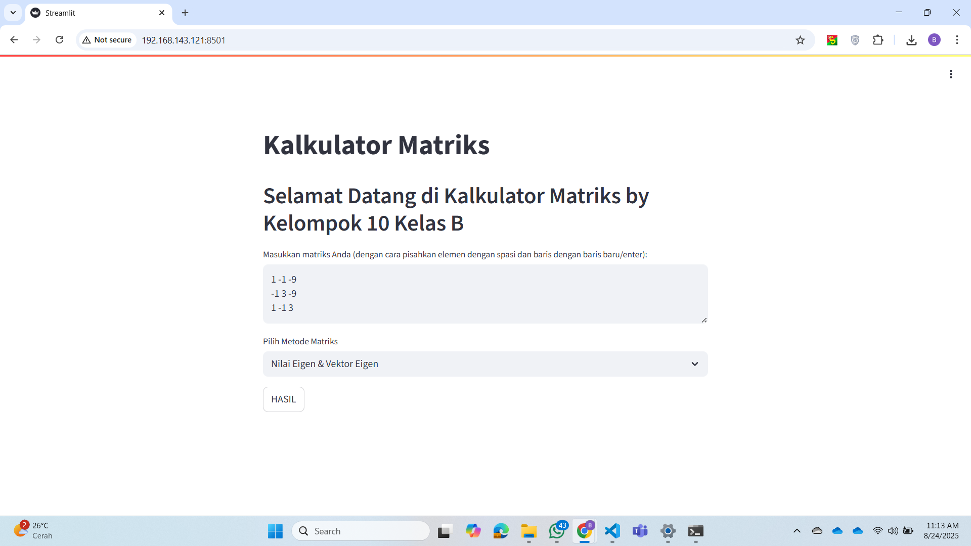 Streamlit Matrix Calculator